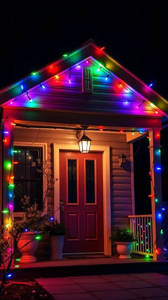A house exterior decorated with colorful LED string lights during the night