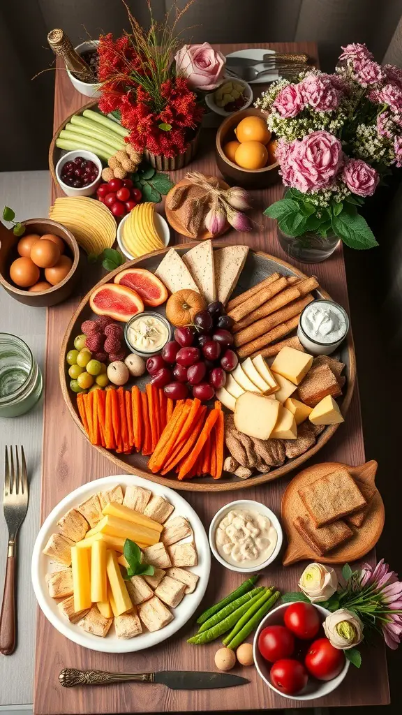 A beautifully arranged grazing table featuring a variety of cheeses, fruits, vegetables, and flowers.