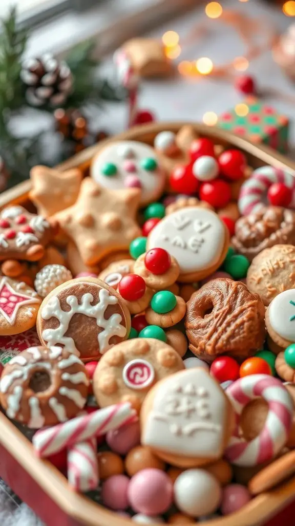 A festive tray filled with colorful holiday cookies and candies.