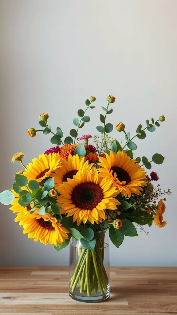 A traditional fall bouquet featuring sunflowers and eucalyptus in a clear vase.