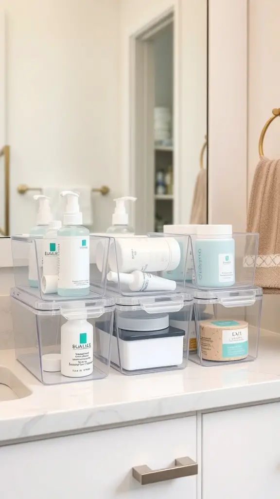 25+ Must-Try Minimalist Bathroom Organization Ideas 8 Clear storage bins holding various skincare products on a bathroom counter.