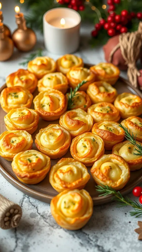 27+ Must-Try Christmas Snacks for Your Holiday Party 3 A platter of golden cheese and herb puff pastry bites, decorated with fresh herbs and festive elements.