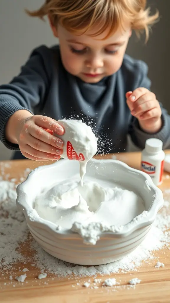 A child pouring fluffy white substance into a bowl, engaged in a snow paint experiment.