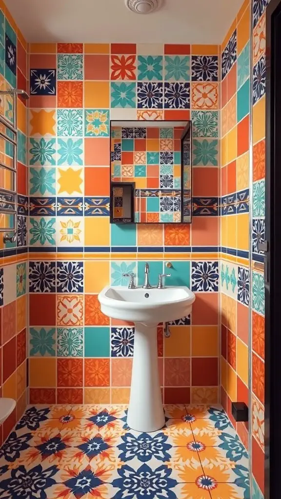 29+ Stunning Bathroom Flooring Ideas to Transform Your Space 13 A colorful bathroom featuring bold patterned tiles with flowers and geometric designs.