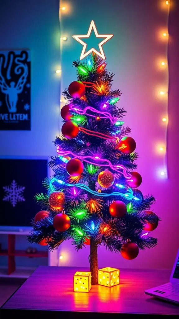 27+ Adorable Tabletop Christmas Tree Ideas for Your Holiday Decor 10 A brightly lit tabletop Christmas tree with neon colors, ornaments, and a glowing star on top.