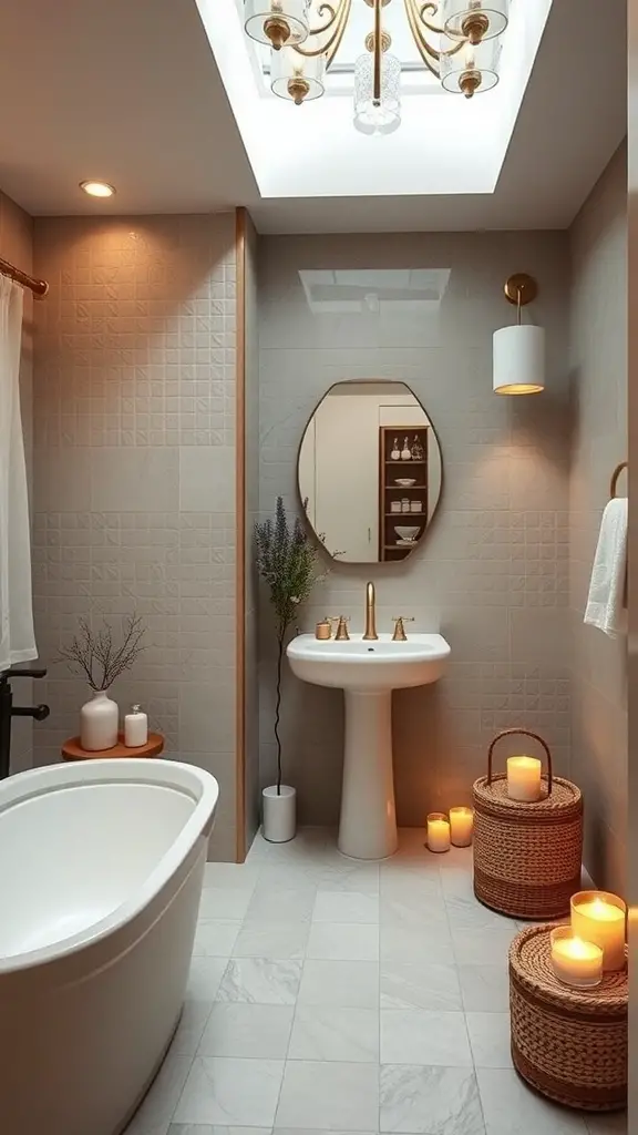 29+ Stunning Guest Bathroom Ideas to Elevate Your Space 4 A serene guest bathroom featuring a freestanding bathtub, candles, and natural decor elements.