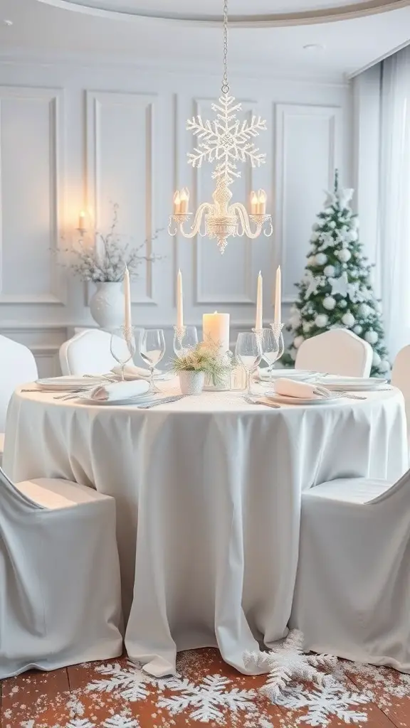 A beautifully set dining table with snowy white linens, candles, and a Christmas tree in the background.