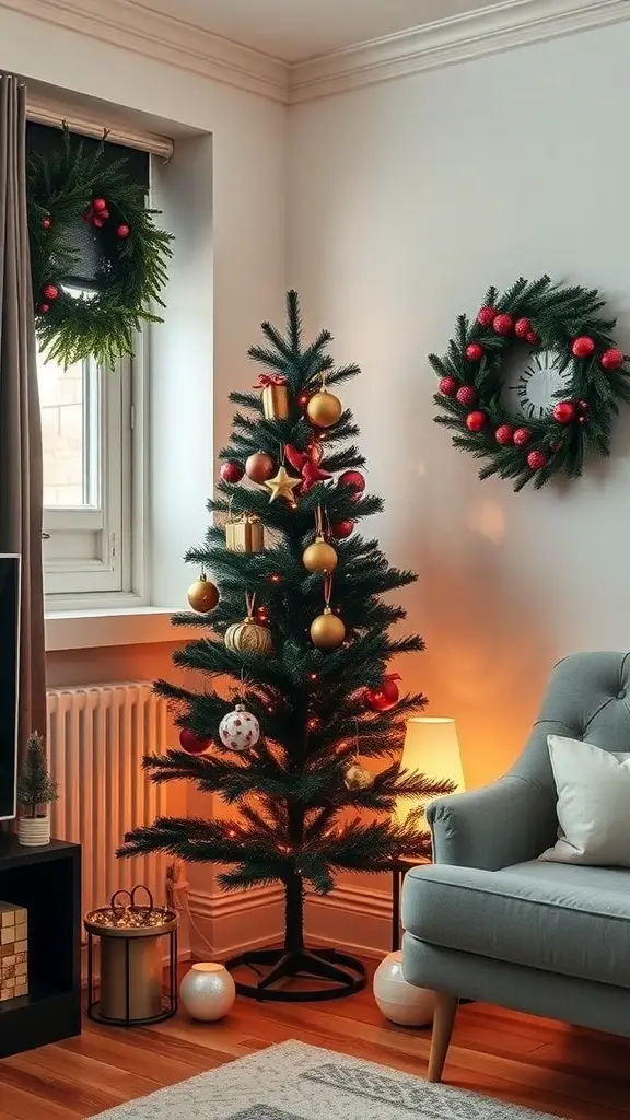 27+ Stunning Black Christmas Tree Ideas to Elevate Your Holiday Decor 12 A compact black Christmas tree decorated with gold and red ornaments, surrounded by wreaths in a cozy living space.