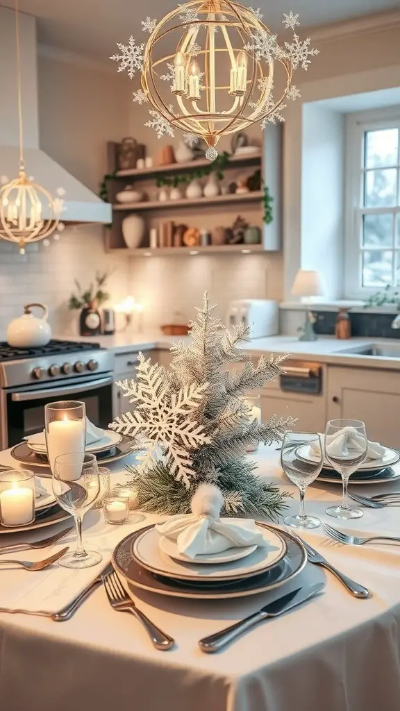 A winter wonderland themed kitchen table setup with a frosted tree centerpiece and elegant tableware.
