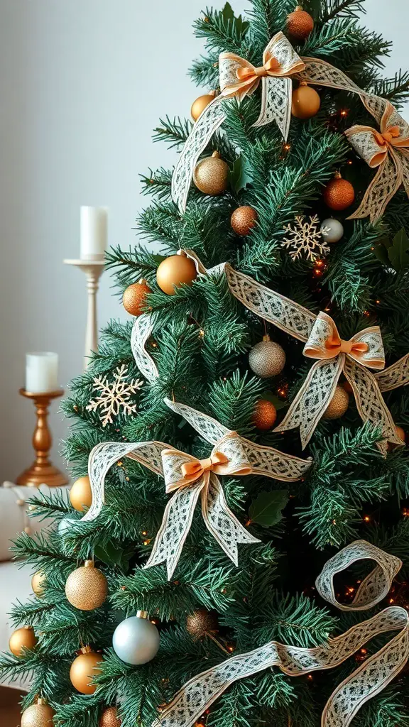 29+ Creative Christmas Tree Ribbon Decorating Ideas You’ll Love 13 A beautifully decorated Christmas tree featuring lace ribbons and ornaments.