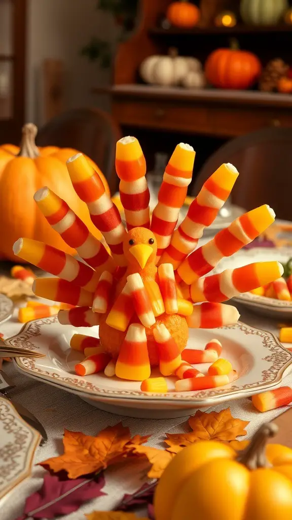 A colorful turkey made of candy corn on a plate, surrounded by autumn leaves and pumpkins.