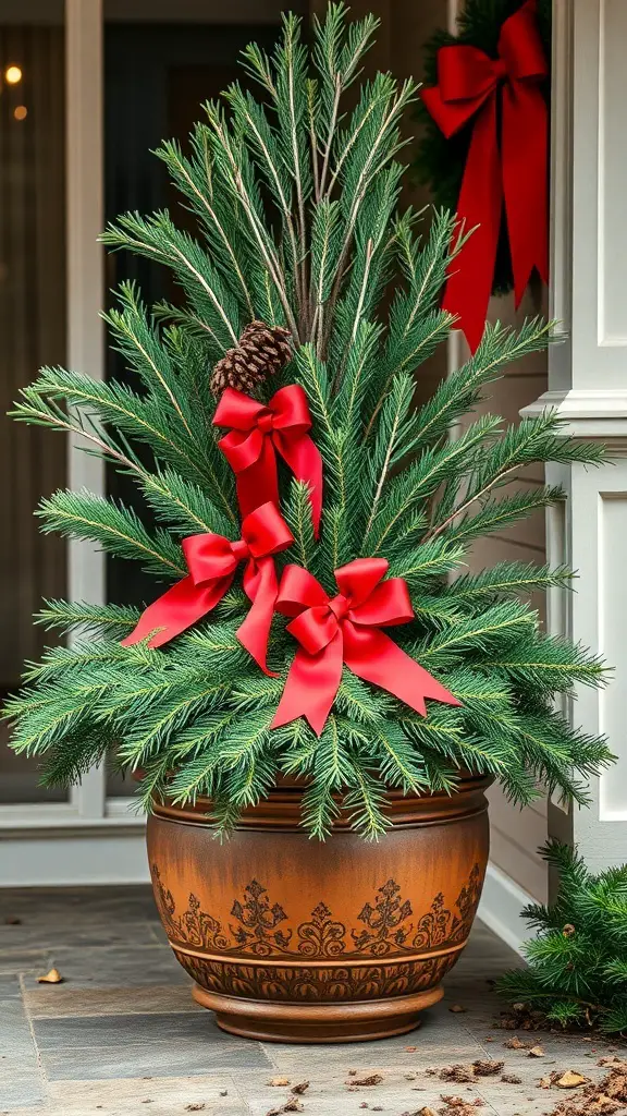 Traditional Christmas planter with evergreen branches and red bows