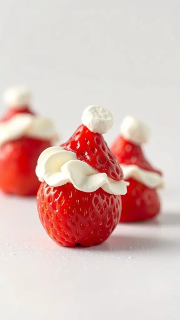 29+ Fun and Festive Christmas Snacks for Kids 3 Three strawberries decorated as Santa hats with whipped cream and mini marshmallows