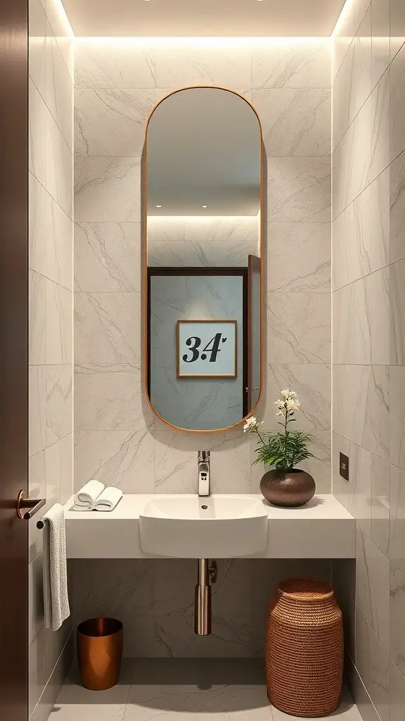 29+ Stunning Vertical Mirror Ideas to Transform Your Narrow Bathroom 11 Narrow bathroom featuring a vertical mirror with a warm frame, elegant sink, and decorative elements.