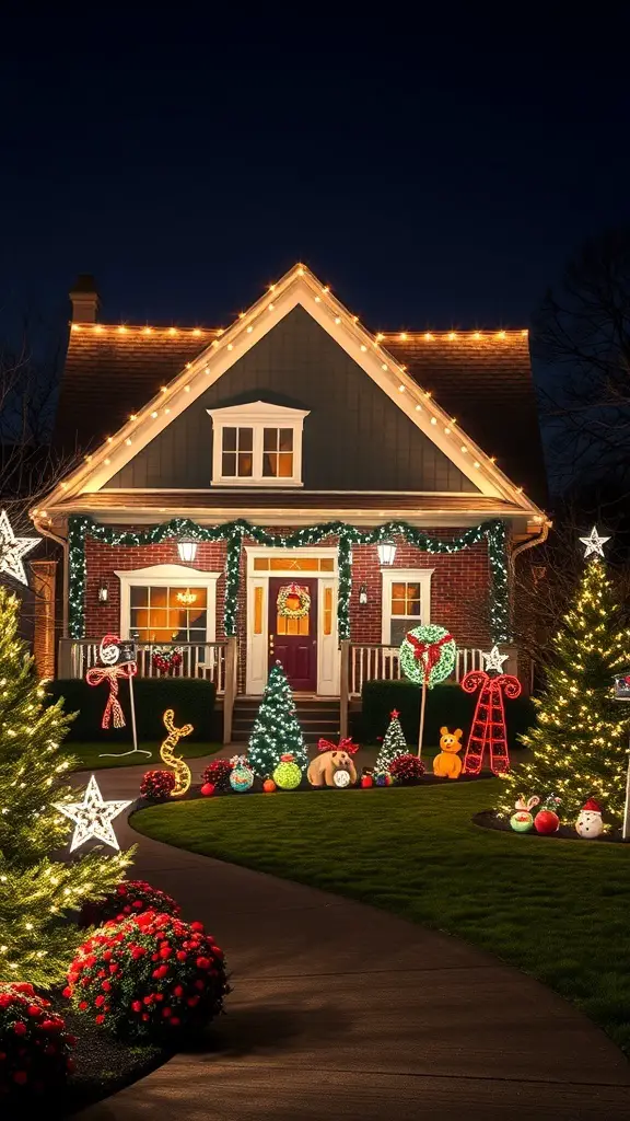27+ Stunning Roof Christmas Light Ideas to Brighten Your Holidays 11 A beautifully decorated house with roof lights and festive landscaping for Christmas.