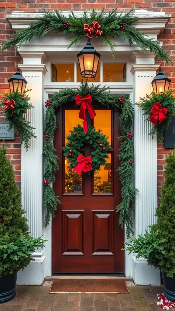 A festive doorway decorated with pine boughs, red bows, and lanterns, showcasing a colonial Christmas theme.
