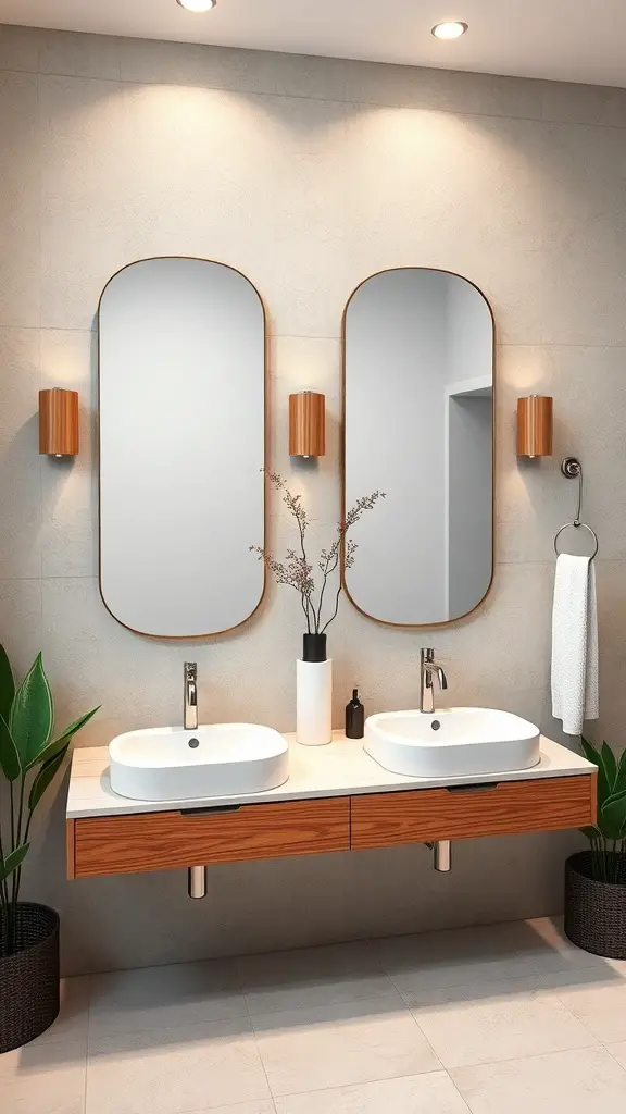 23+ Stylish Bathroom Double Sink Ideas to Enhance Your Space 6 A modern bathroom featuring a double sink with wooden cabinetry, oval mirrors, and plants for decor.