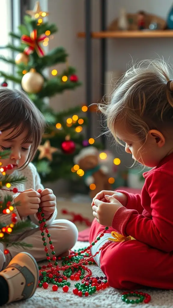 Two children decorating a Christmas tree with colorful beads