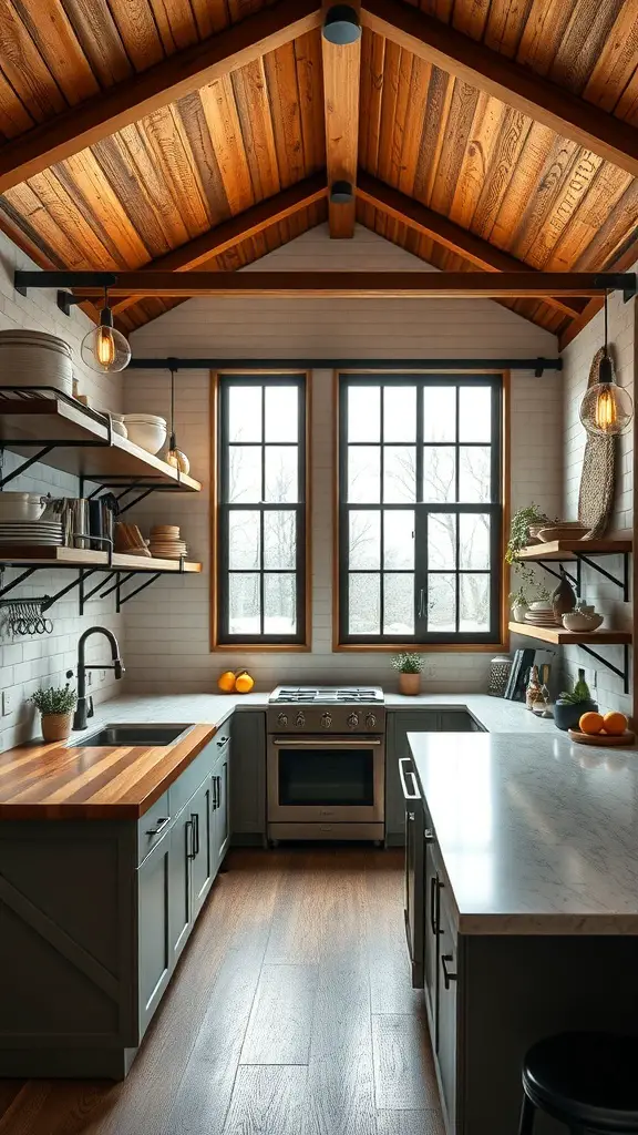 29+ Stunning Barndominium Kitchen Ideas You’ll Love 3 Modern industrial kitchen with wooden beams, open shelving, and a mix of textures.