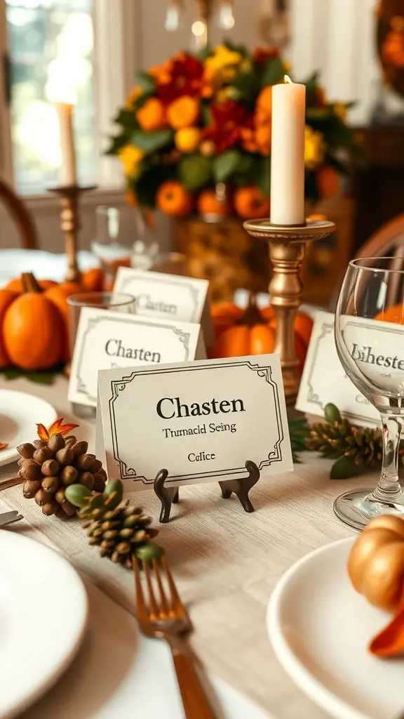 Elegant vintage Thanksgiving place cards on a dining table with pumpkins and pinecones