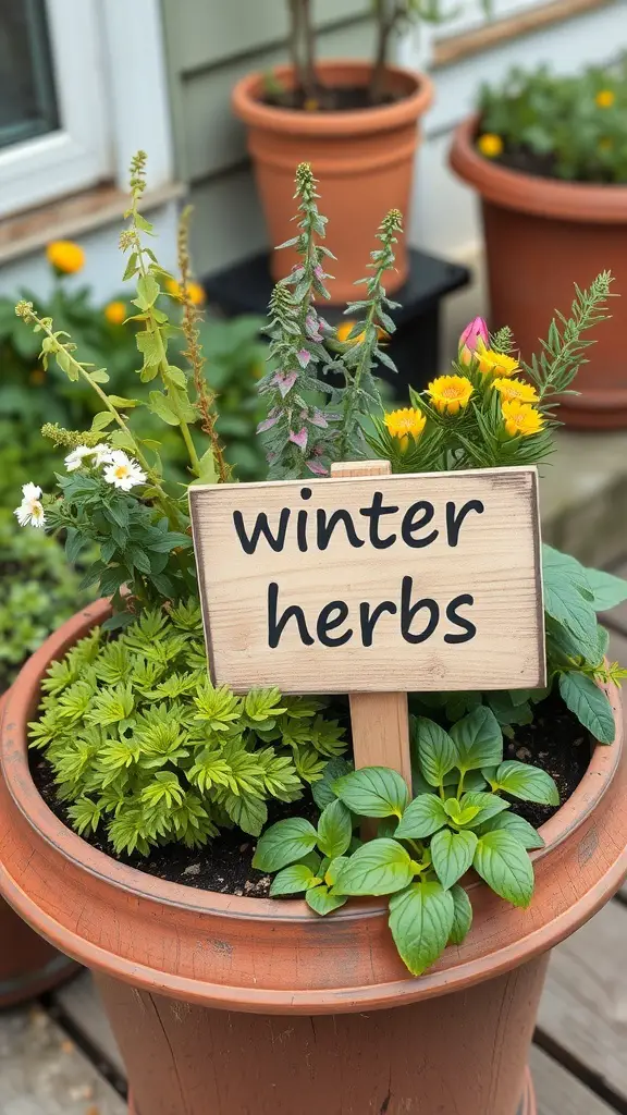 A seasonal herb planter labeled 'winter herbs' filled with various green herbs and flowers.