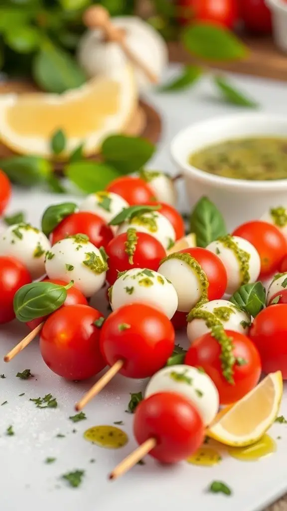 27+ Must-Try Christmas Snacks for Your Holiday Party 8 Caprese skewers with cherry tomatoes, mozzarella balls, and basil leaves, drizzled with pesto sauce.
