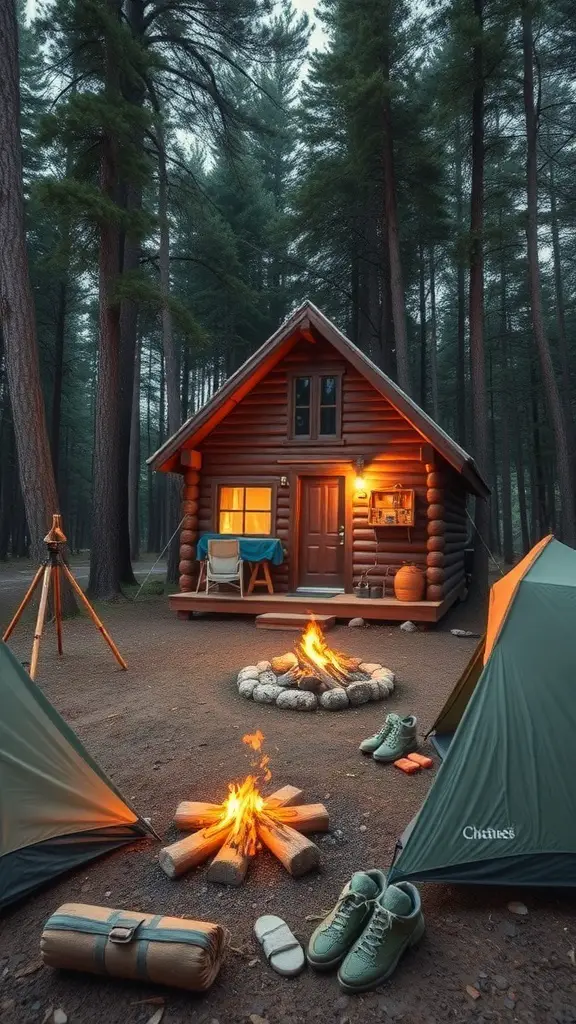 29+ Cozy Cabin Trip Ideas for Your Perfect Getaway 10 A cozy cabin in the woods with a fire pit and camping gear