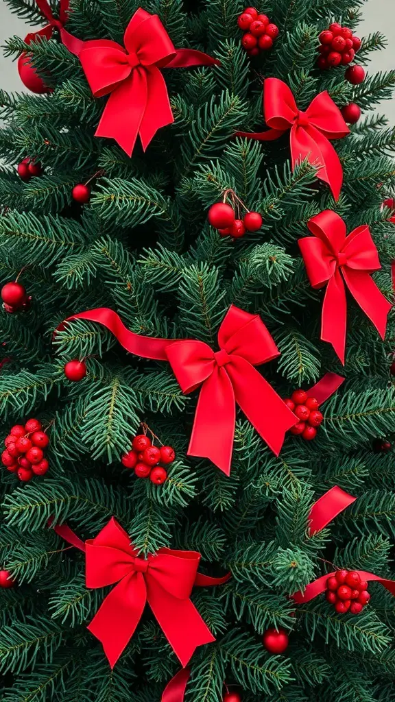 A Christmas tree decorated with red bows and berry accents.