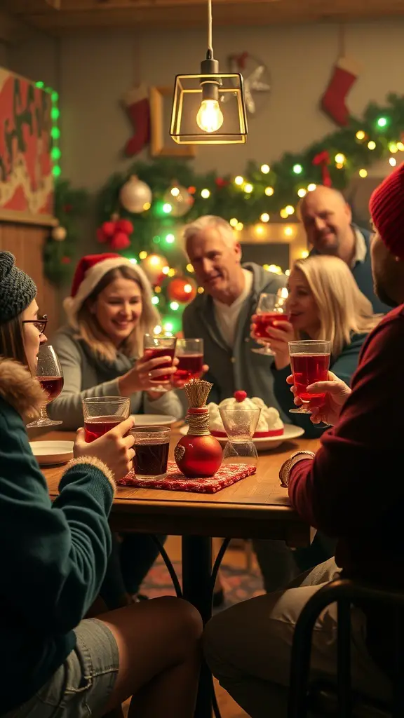 A group of friends enjoying drinks and celebrating together during the holiday season.