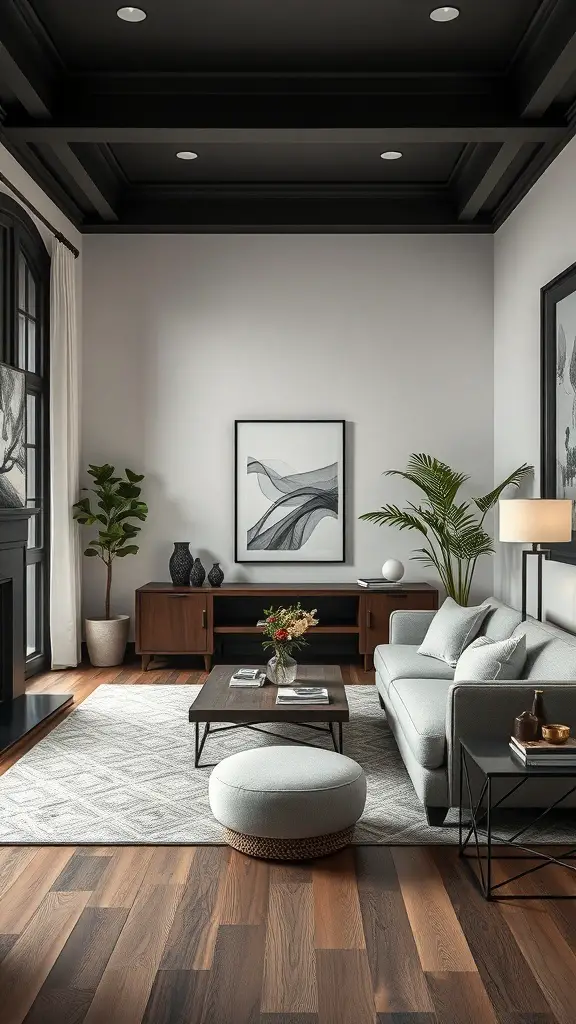 A modern living room with light walls, dark trim, and stylish furniture.