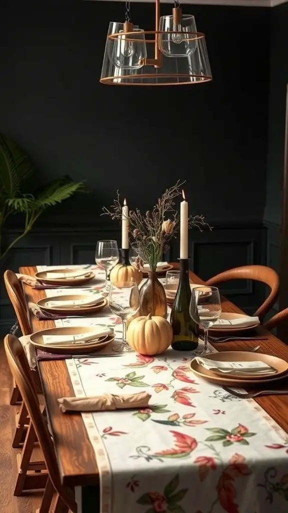 A stylish Thanksgiving table with a floral table runner, pumpkins, and candles.