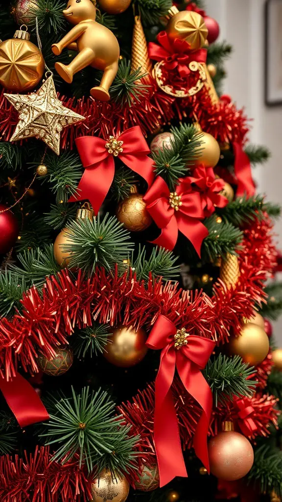 A beautifully decorated Christmas tree with red ribbons, gold ornaments, and tinsel.