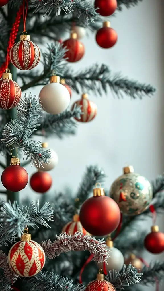 A close-up of a Christmas tree adorned with vintage red and white ornaments.