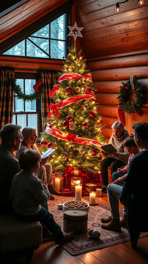 A family gathered around a Christmas tree in a cozy cabin, reading and enjoying each other's company.