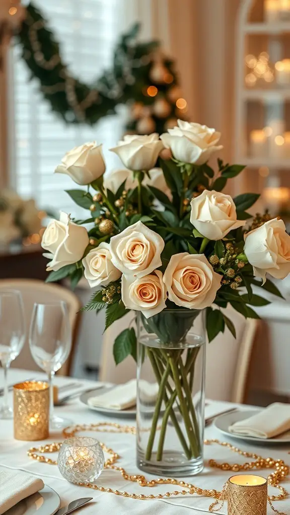 A beautiful floral arrangement featuring white roses in a clear vase, surrounded by gold candle holders and a festive table setting.