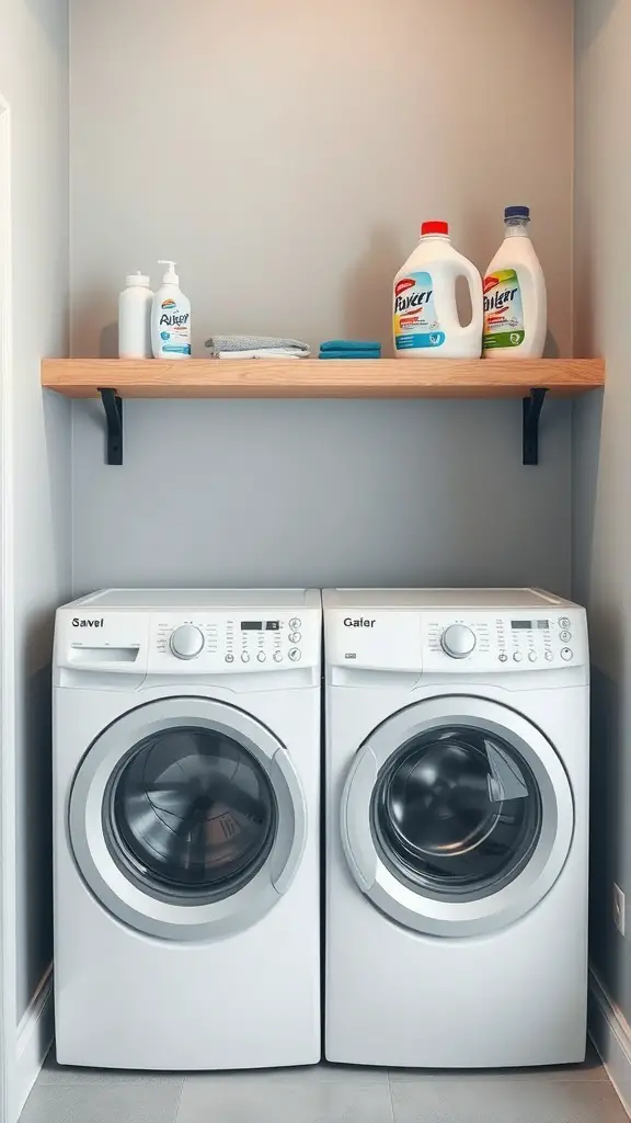 27+ Creative Over Washer and Dryer Shelf Ideas for a Stylish Laundry Room 3 Floating wooden shelf above a washer and dryer with laundry essentials