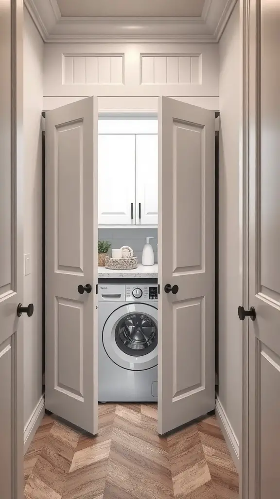 25+ Creative Bathroom Laundry Combo Ideas for Space-Saving Solutions 10 A hidden laundry nook with a washing machine behind double doors in a stylish bathroom.