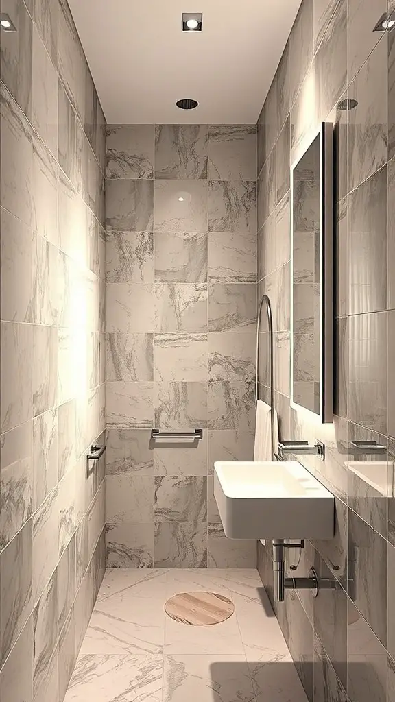 29+ Stunning Vertical Mirror Ideas to Transform Your Narrow Bathroom 14 A narrow bathroom featuring reflective tiles and a vertical mirror, designed to create a spacious feel.