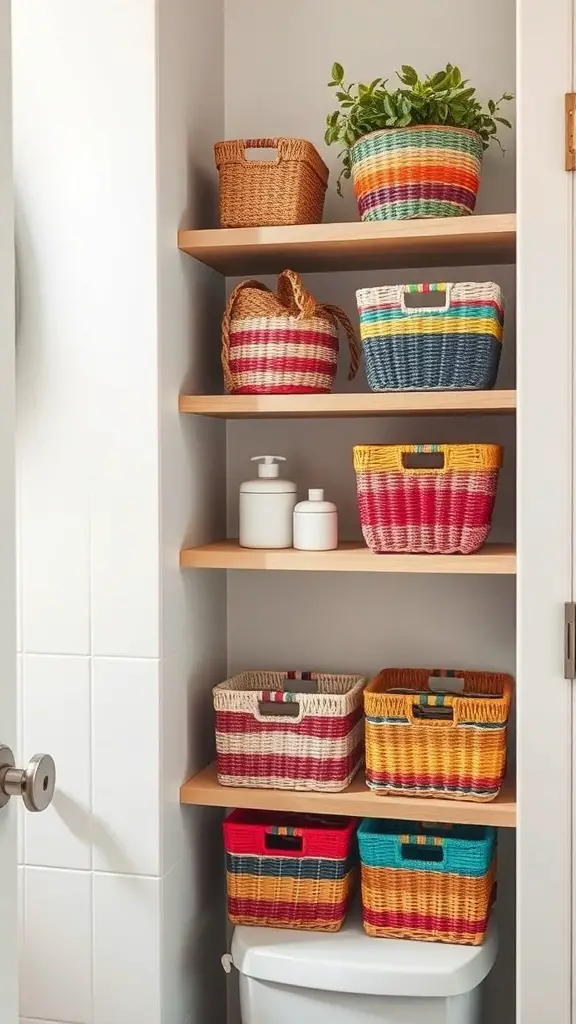29+ Inspiring Boho Bathroom Shelf Decor Ideas to Transform Your Space 6 Colorful woven baskets on bathroom shelves with plants and toiletries