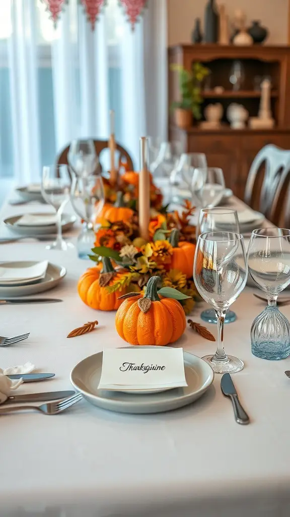 Thanksgiving table setting with pumpkins, flowers, and place cards