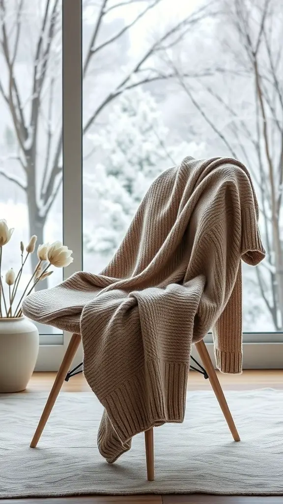 A cozy cashmere sweater draped over a chair with a snowy view outside