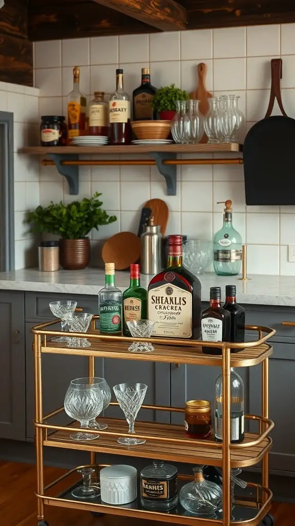 31+ Rustic Kitchen Design Ideas to Transform Your Space 16 A rustic bar cart with various bottles and glassware in a kitchen setting.