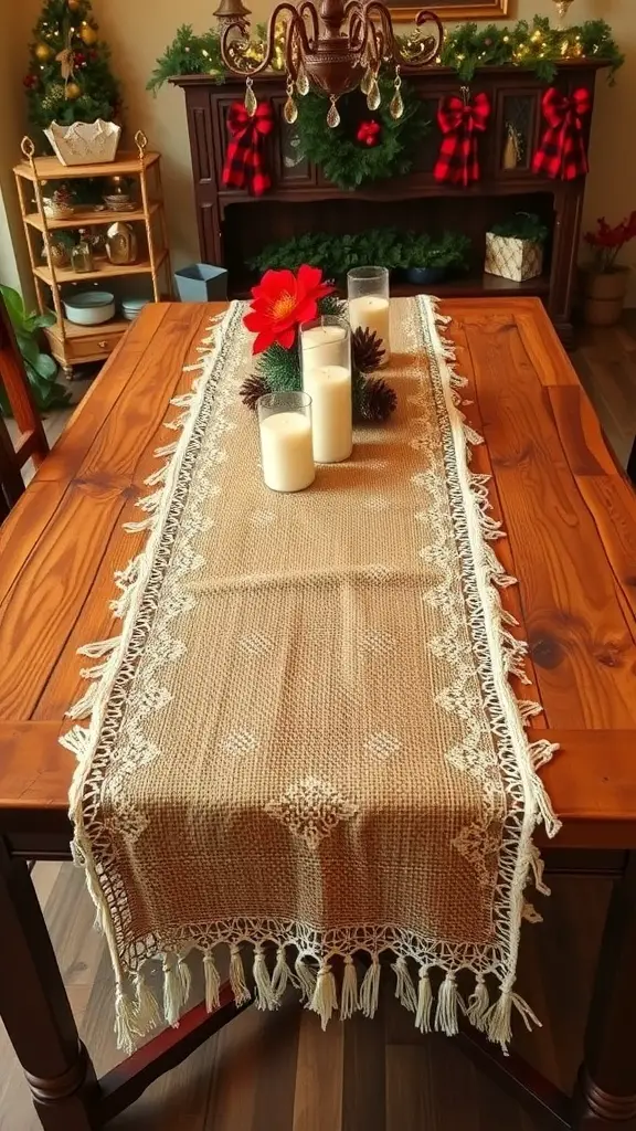 29+ Stunning Christmas Table Runner Ideas for a Festive Holiday Table 7 A rustic burlap and lace table runner on a wooden table, decorated with candles and a red flower.