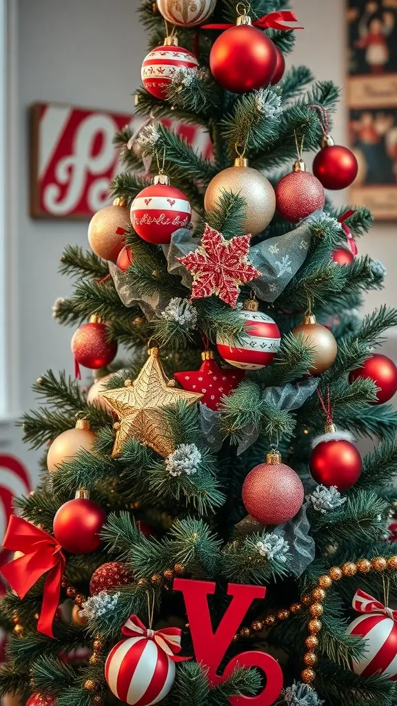 A vintage inspired Christmas tree decorated with red and white ornaments, ribbons, and garlands.