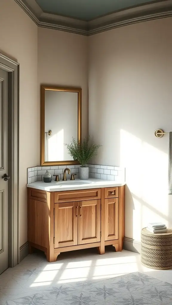 A corner bathroom vanity made of wood with a white countertop, a mirror, and a plant.
