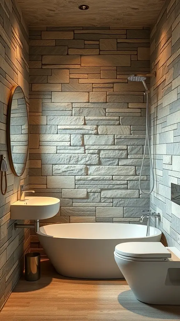 23+ Chic Neutral Toned Bathroom Ideas for a Serene Space 6 A modern bathroom featuring stone textured walls, a round mirror, a sleek bathtub, and minimalist fixtures.