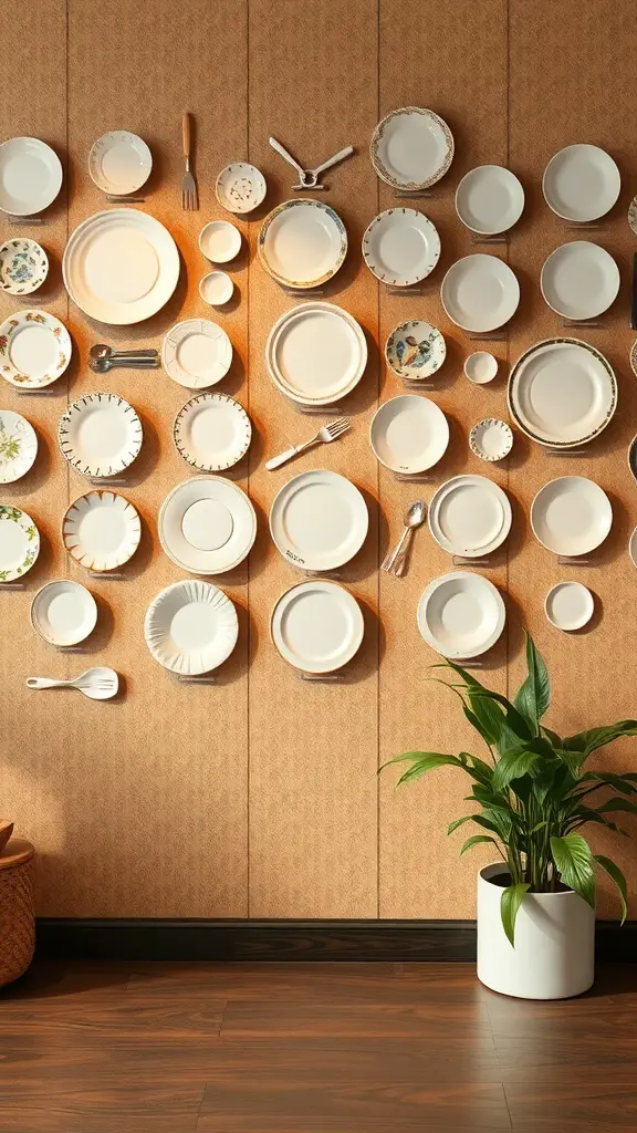 29+ Creative Ideas for a Stunning Plate Wall Display 13 A decorative wall display featuring various plates arranged artistically.