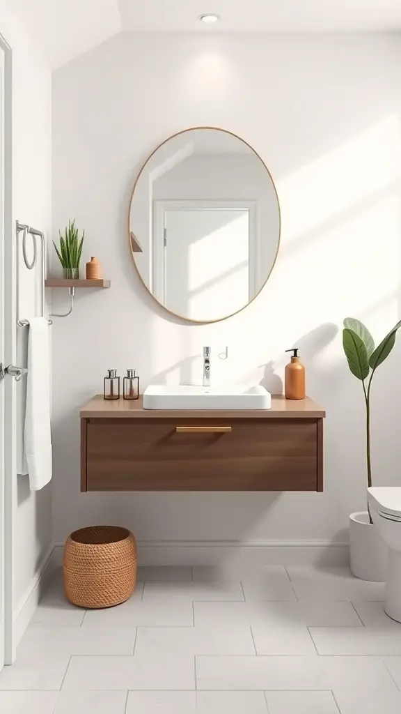 27+ Stunning Floating Vanity Ideas for Your Bathroom Renovation 10 A minimalist bathroom featuring a floating vanity with a round mirror, plants, and a clean design.
