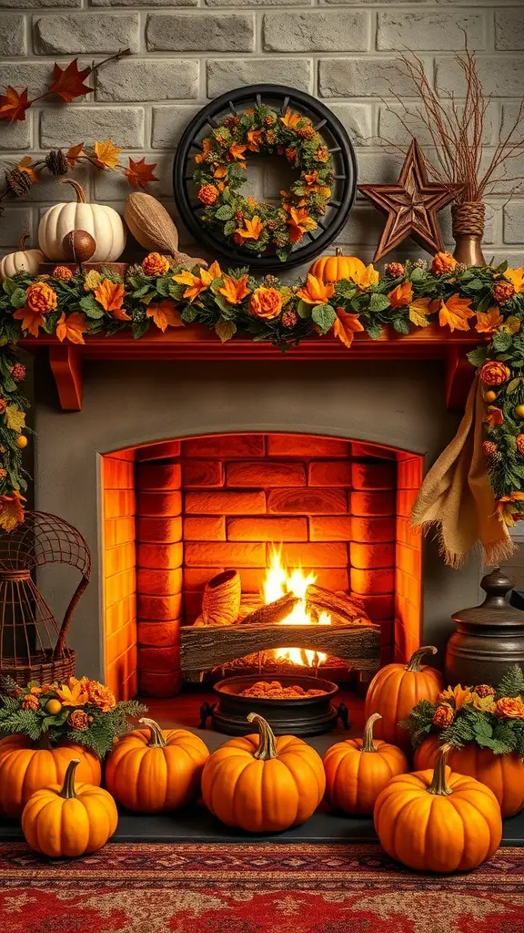 Cozy fireplace decorated for Thanksgiving with pumpkins and fall leaves