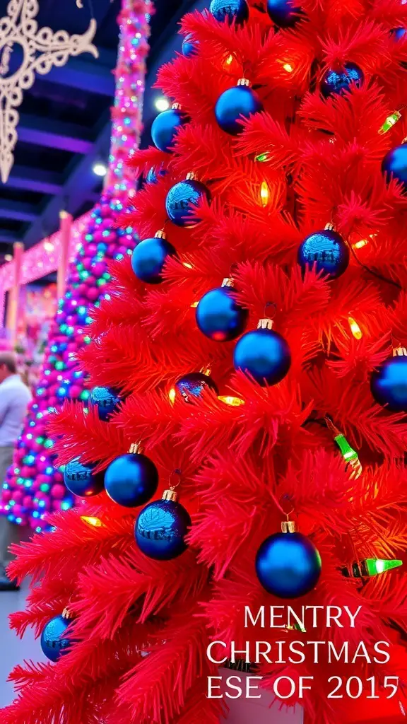 A vibrant red Christmas tree adorned with blue ornaments and lights.
